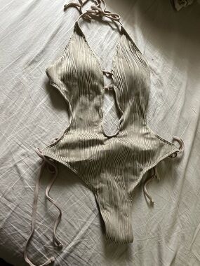 Ribbed Halter One-Piece Swimsuit - Cream